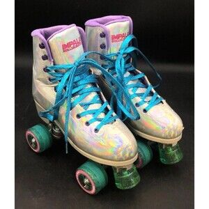 Impala Roller Skates Womens 9 Holographic Iridescent Quad Teal Wheels Retro